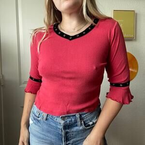 Vintage 90s Y2K Pogo Club of NY Red 1/2 Sleeve Velvet Trim Baby T Sz S